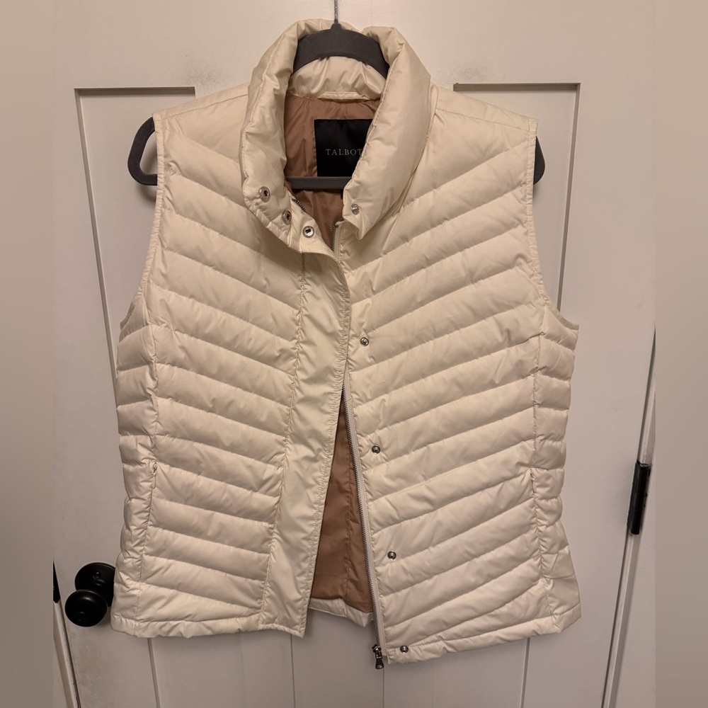 Talbots Down Puffer Vest Size Large Cream Ivory Color Zip Snap Pockets Quilted